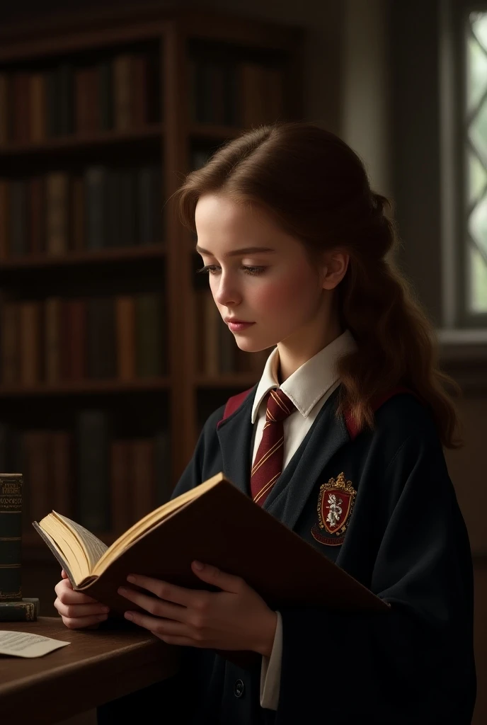 Hermione Granger from the Harry Potter movie saga, 20 years,  wavy brown hair,  brown eyes, parts, in Gryffindor uniform,  reading while sitting in the Hogwarts library,  in profile