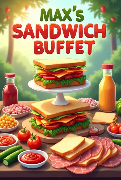 Make a poster for an 18th .  birthday party 
There will be a sandwich bar at the party
The poster should read “Maxs Sandwich Buffet”
Below you can see various sandwich ingredients on a buffet
Like for example 
different types of toast, cheese, wurst, ham s...