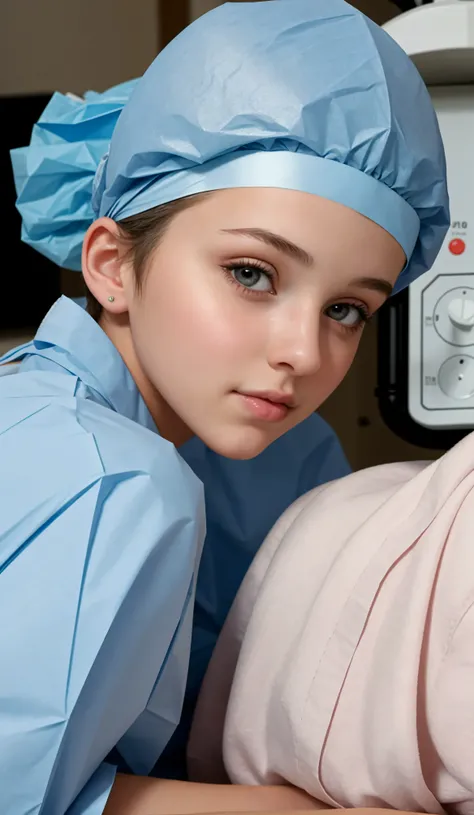 american  teenager girl,  beautiful face, laying on operation table, prepared for general anesthesia, beautiful face,  wearing patient gown and and surgical cap, short hair fully covered by surgical cap