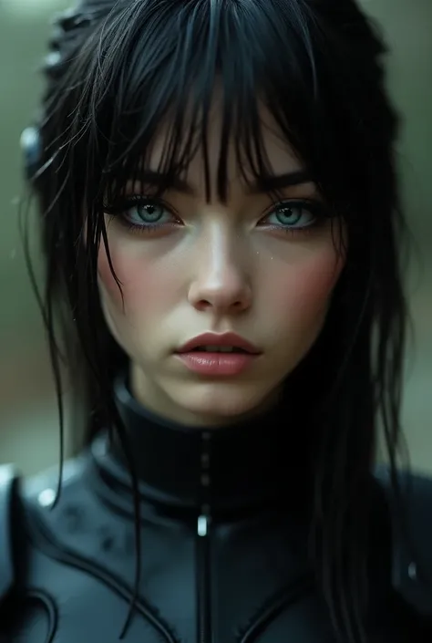 a close up of a person wearing a body suit, the cyberpunk girl portrait, wet look, holy cyborg necromancer girl, symmetrical beauty face, inspired by Sam Spratt, artificial intelligence gods, brunette woman, madison beer girl portrait, without text, robot ...