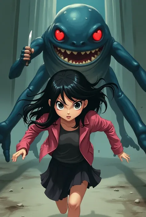 An anime-style woman with dark bangs has an impatient face and is being chased by a whale with the legs of a person with heart eyes while pointing a kitchen knife at me