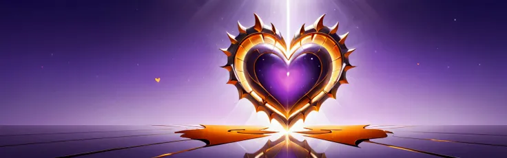 Crée un fond d’écran dans des dégradés de violet et orange. C’est un Univers merveilleux et suréaliste avec au centre un coeur. This heart is covered with metal as if it were a warrior .  Add a bright yellow light starting from the right side at the top an...