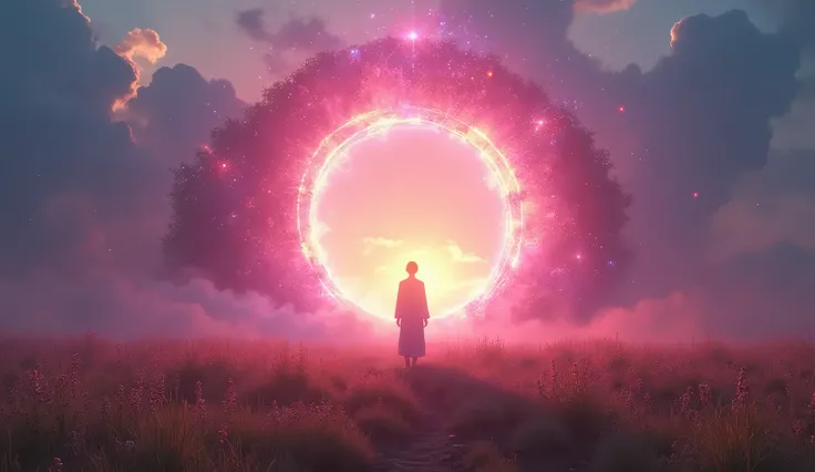  ultra realistic image :  A mystical portal opens amidst a vast and fertile field, radiating pink and rainbow energy .  A woman is preparing to cross the portal , .  convey depth .