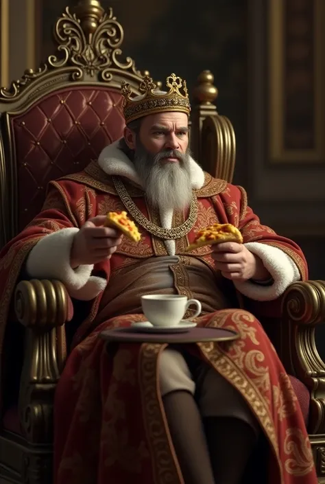 A king sit on his chair and drink coffee with pizza 