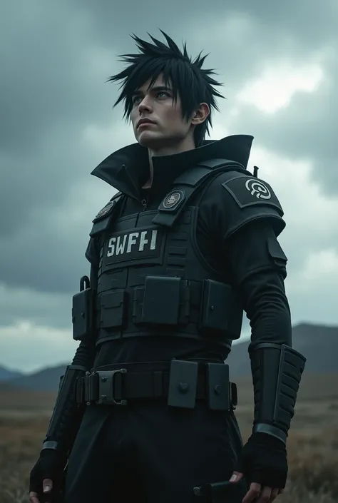 Sasuke Uchiha in a swat suit looking up at the horizon 