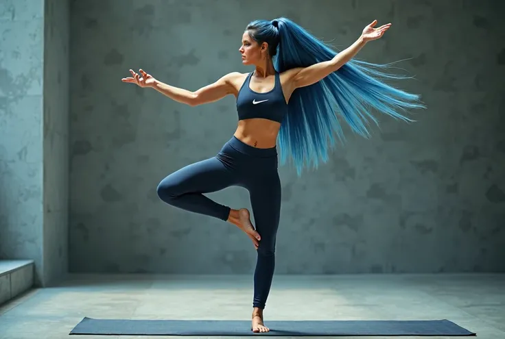  hot yoga woman , The yoga does .  Her body is slim with a small six-pack and she has long blue hair, She is wearing a hot Nike sports robe. ((( full body photo )))