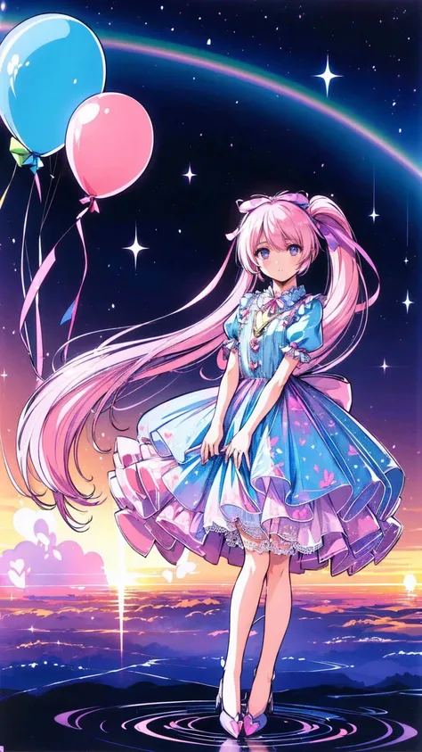 ( full body, legs and shoes visible: 1.2))  expressive eyes ,  1 girl, Pale skin, Long Hair,  hair that flutters like, ((absurdly Long Hair)), long side lock , Princess Bangs, Hair bangs, Hair Bun, ((  extra long twin tail  )), Rainbow Hair,  light pink ha...