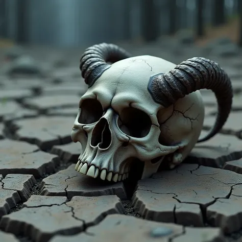 a skull head, has a pair of demon horn, lying on the ground