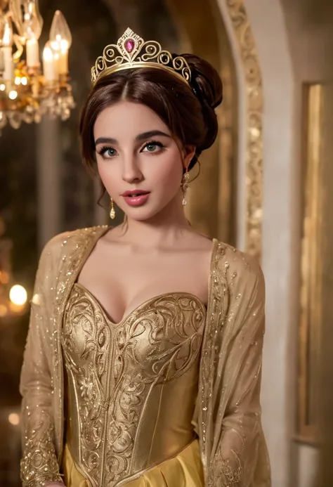 Prompt: photography of Belle from Beauty and the Beast, (expose her tits),topless, royal gown(hijab), full cleavage, full body, beautiful, ((detailed face)), ((detailed eyes)), crown, majestic, perfect body, intricate, cinematic lighting, realistic, bokeh,...