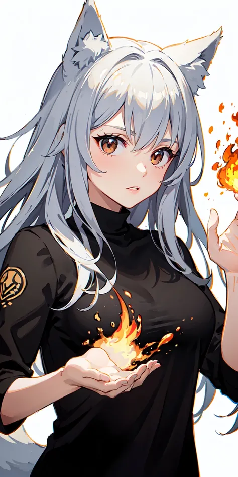 upper body, 1girl, baby with gray hair, brown eyes, wolf ears, wallpaper, rainbow fire background, fire particles, white fire,