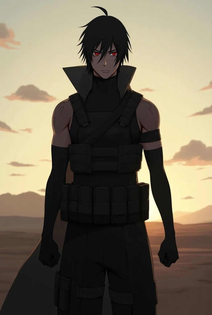 Drawing of Itachi Uchiha in a swat suit looking to the horizon 