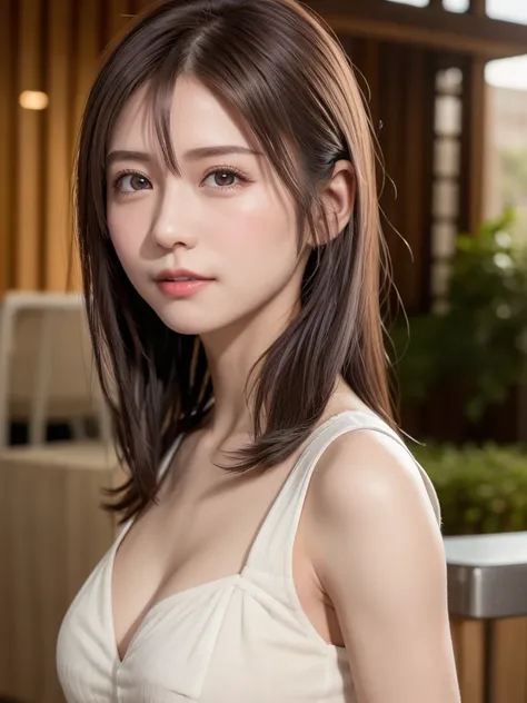 natta, Raw photography, (((Very beautiful portrait))), ((glistning skin)), 1girl in, Sexy 2 girl, Cafe Clerk、((Sauvages natural brown hair)), Gentle smile staring at the camera, ((​masterpiece, top-quality, ultra-detailliert, ciinematic light, intricate de...