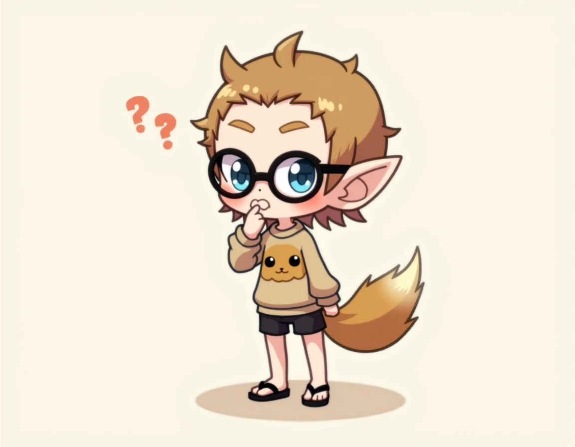 Create a chibi elf , with your hand on your face with your fingers in an L shape under your chin, Who has short light brown hair , with black turtle style glasses and with Pokémon Eevee sweatshirt, black shorts and black flip flops.