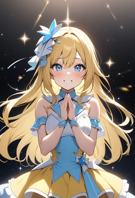 High Quality, Masterpiece, 1girl, blue eyes, long hair, yellow hair, idol light blue costume, prayer pose, front view, white background, sparkles, prism, smile, bust up