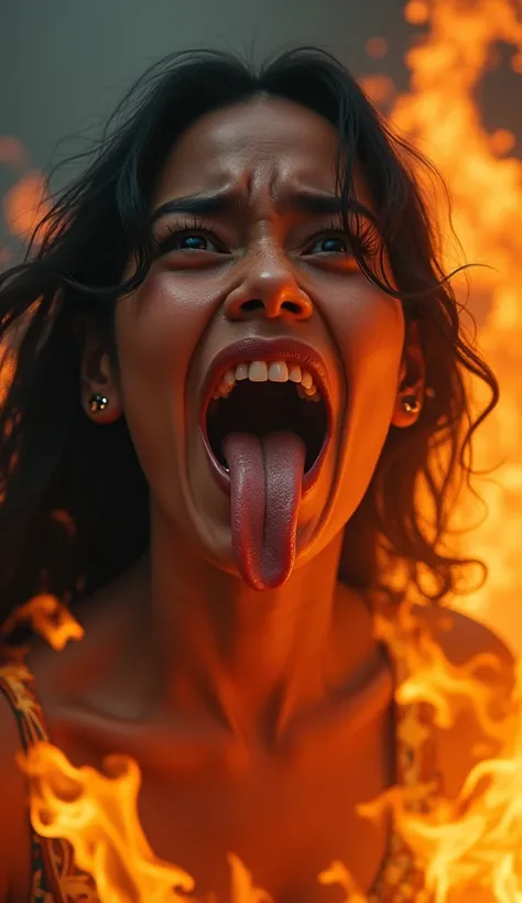 Head of young Indonesian woman crying tongue sticking out very long terrified out of infernal flame blob, fire background .