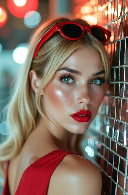 Blond, Pornstar, Capri Cavanni, Age Slender, green Eyes, red glasse, red lips, sexy Dress, Disco