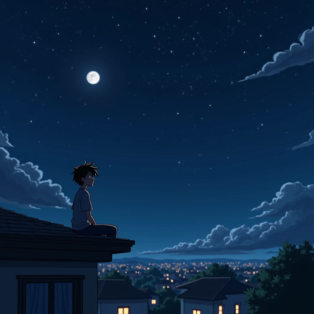 **[Anime Cinematic Scene: Quiet Solitude]**

The scene opens with a **wide shot** of a peaceful town under a sprawling, star-filled sky. The night is crisp and still, and the city below is cloaked in soft shadows, with only the faintest glimmer of lights f...