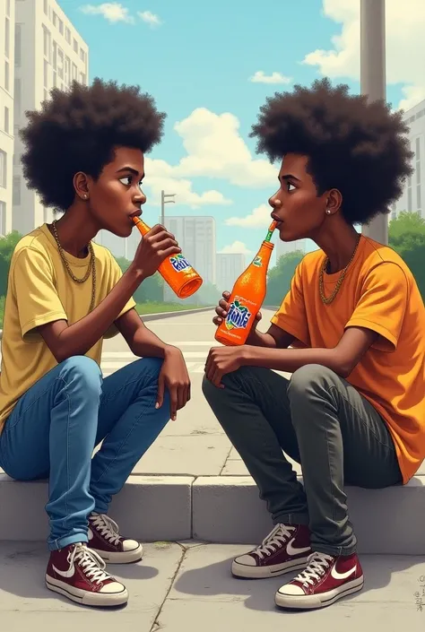 A reliastic drawing of Two very black kboys drinking fanta by the roadside