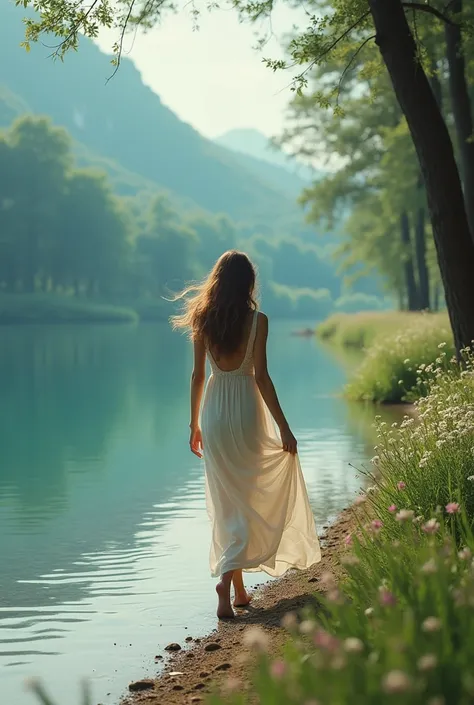 Creat the 10 sec video a pretty beautiful girl is walking side of the lake