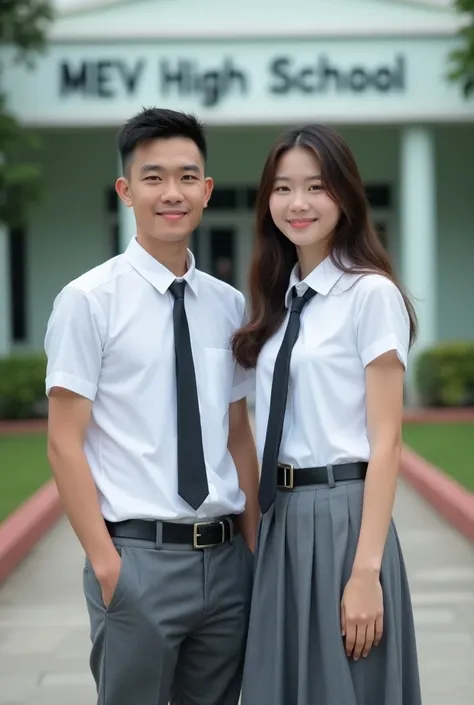 (masterpiece, best quality), indonesian couple 1girl, 1 boy cewe-cowo sma, white shirt, gray skirt , belt, long tie "MEV HIGH SCHOOL" at the background. real image  5D .ultra HD quality.