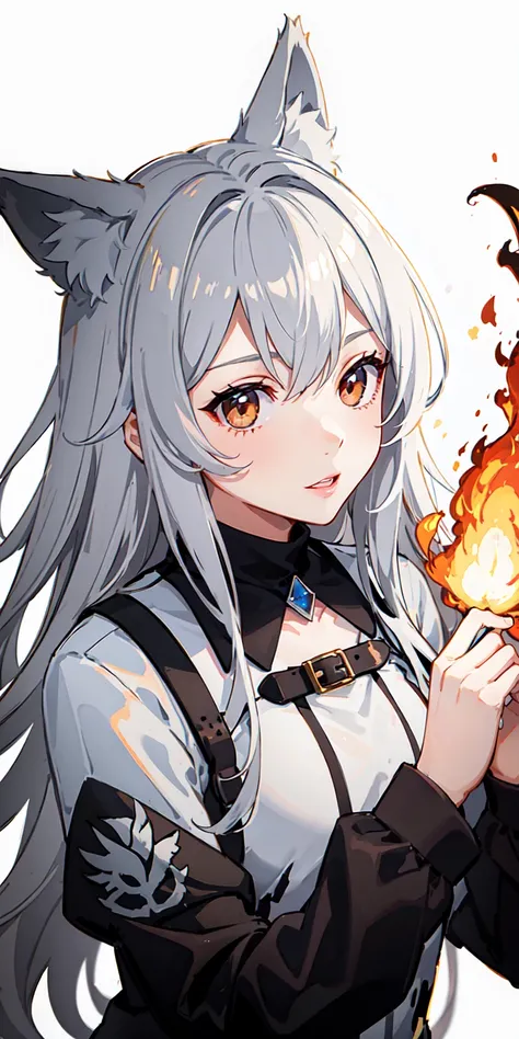  baby with gray hair, brown eyes, wolf ears, wallpaper, rainbow fire background, fire particles, white fire,