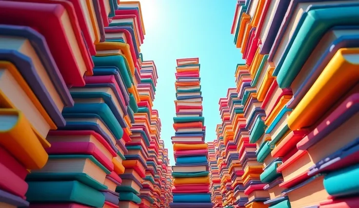 piles of books low angle.bright colors