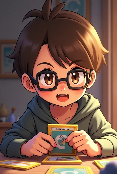   boy with straight brown hair and low tuft,  wears square black glasses with rounded ends ,  has brown eyes and loves Pokémon cards , She is opening a pack 