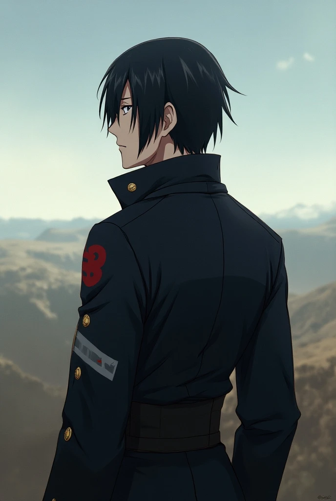 Drawing of Itachi Uchiha in modern military costume looking at the horizon 