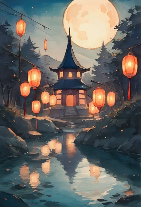 score_9, score_8_up, score_7 ((water color art: 1.5)) there is a river in the night there are floating lanterns, lanterns in many colors, in its water, the moon is in the sky, reflected in the river, there is Japanese castle near the river1there is a river...