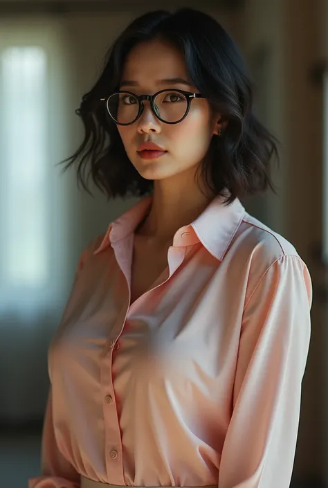 Korean mature woman，Uma MILF，extra large breasts，lesbian full body，They are standing，Translucent white-pink shirt，perfects eyes， seductive eye，perky buttocks，red face, glasses with thick black frames and large rounded lenses.