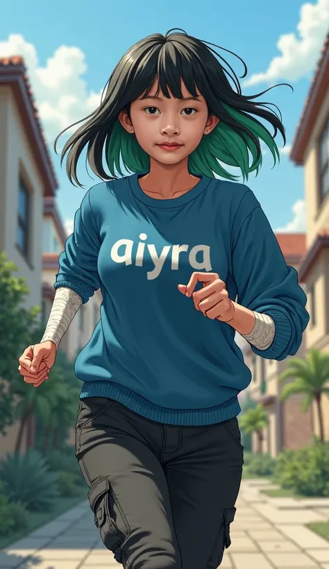  Asian girl, shoulder-length straight black hair accented with bright green streaks, and soft bangs framing her forehead, skin tanned, with freckles, gray eyes, She is wearing a blue sweater with the word "aiyra" printed on the front, black cargo pants, Hy...