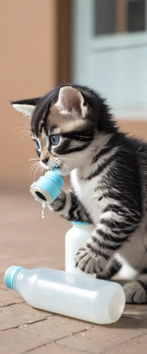 A cute kitten is drinking milk from a bottle