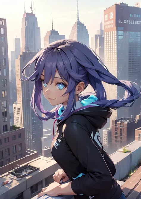 She is on a rooftop looking at a New York cityscape in a very detailed background ,  she turns her back on the image and you cant see her face she wears a Gwen hoodie and you can see her pigtails on the sides of her hood, smile,  Masterpiece picture qualit...