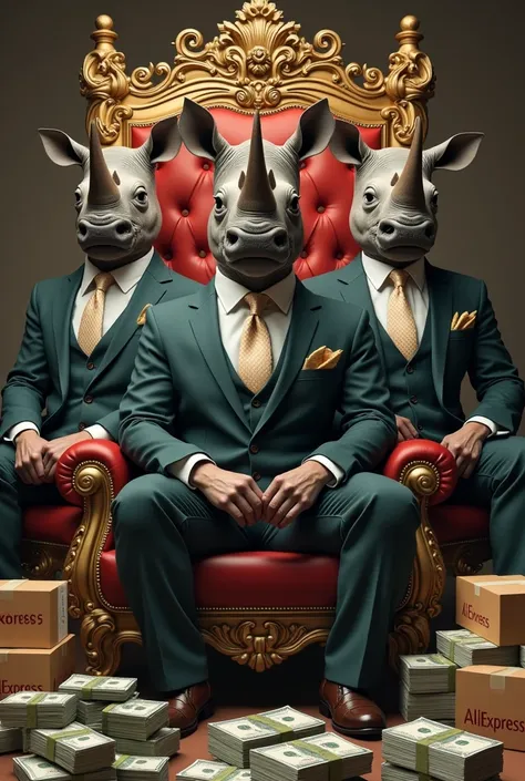 Group of rhinoceroses in suits on a throne with dollars and boxes from AliExpress 