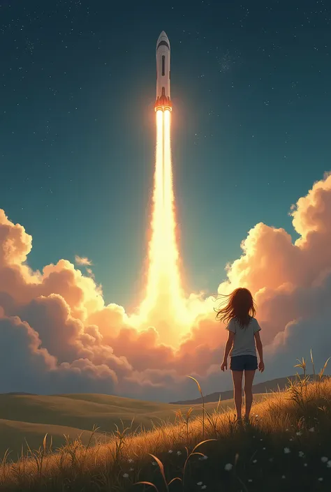 Photo of a girl watching a spaceship take off into the sky