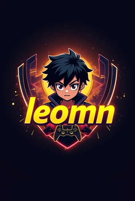 This is a gaming logo that features the name "leomn" in a futuristic font and a neon Golden color. and Boy Anime avtar, The logo also has a stylized controller icon. The logo is designed to be attractive and eye-catching, and to appeal to gaming enthusiast...