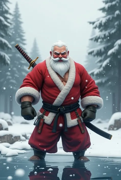 Muscular but cute Santa Claus in kenjutsu dress with sword in snowy waters with pine trees
