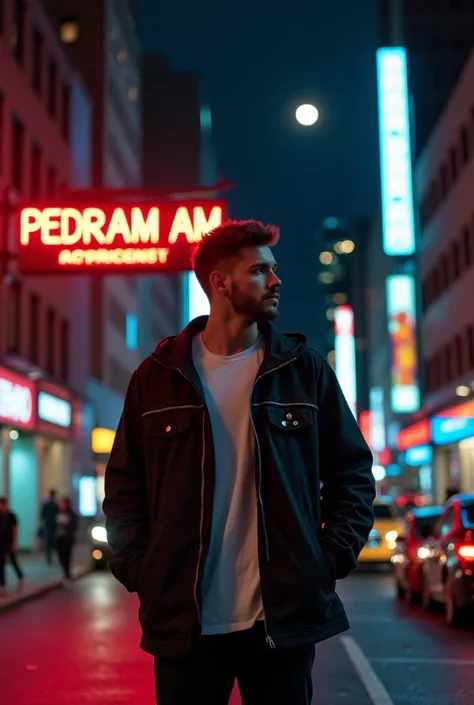 fashion editoral photo A handsome man with a big body and short brown hair and brown eyes, wearing a dark hip-hop outfit and long white t-shirt, is standing on the streets of New York at night when all the lights of the buildings and the city are on, looki...