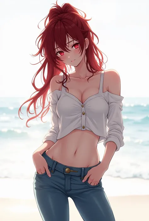 （（（Perfect Character，Character，standing alone， tender white skin，tight jeans, White shirt, A well-made chest, (Dark red eyes :1.5), hair over one eye, rustling and messy hair, A full ponytail, Dark red hair, Long hair with strong curls,  left eye covered b...