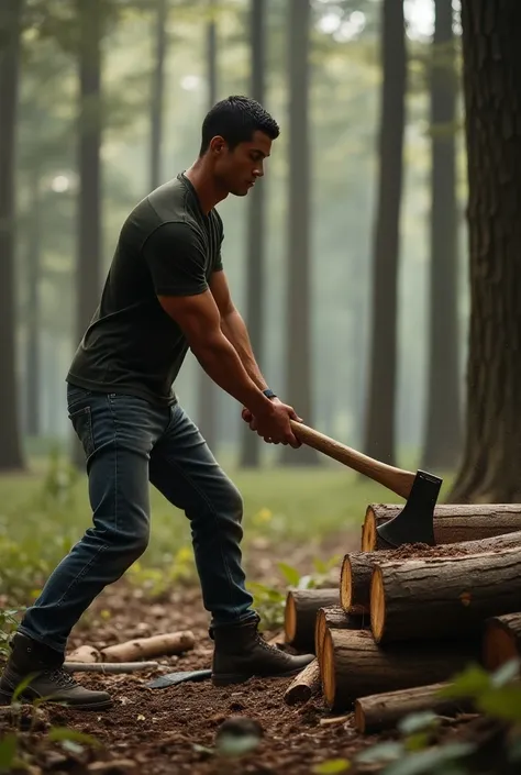 **Prompt:**
In a tranquil forest, Cristiano Ronaldo is seen chopping wood with a large axe, his muscles flexing as he strikes the sturdy logs with precision. Dressed in a simple t-shirt, jeans, and rugged boots, he is focused and determined, sweat tricklin...