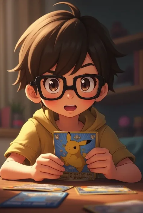   boy with straight brown hair and low tuft,  wears square black glasses with rounded ends ,  has brown eyes and loves Pokémon cards , She is opening a pack 