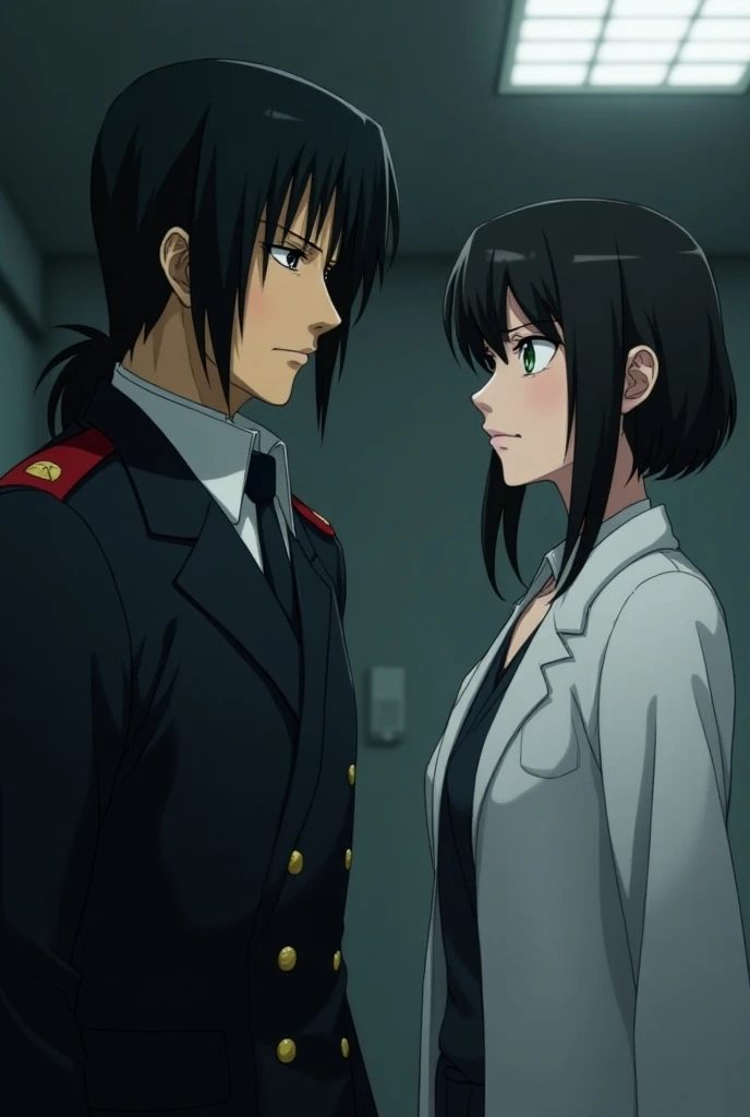  Itachi Uchiha dressed as a modern marine watching Sakura Haruno who is dressed in an operating room suit, She is looking straight ahead and her green eyes stand out 