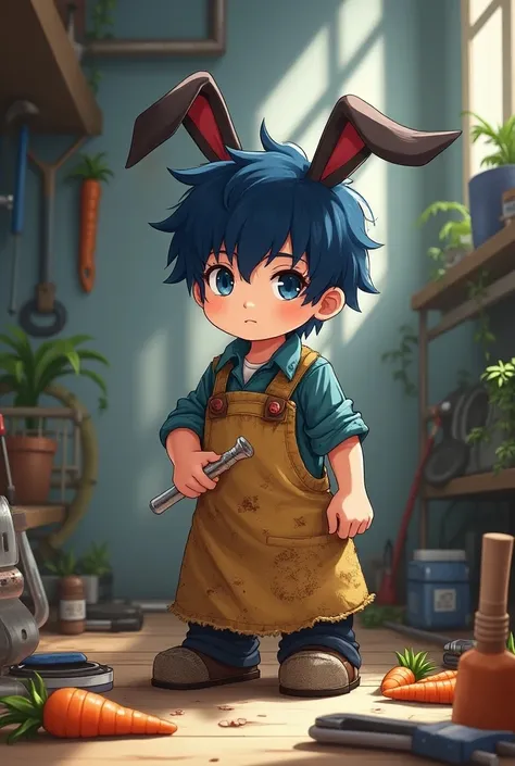 Anime style boy with dark blue rabbit ears and dark blue hair With dirty apron engineer with tools and carrots