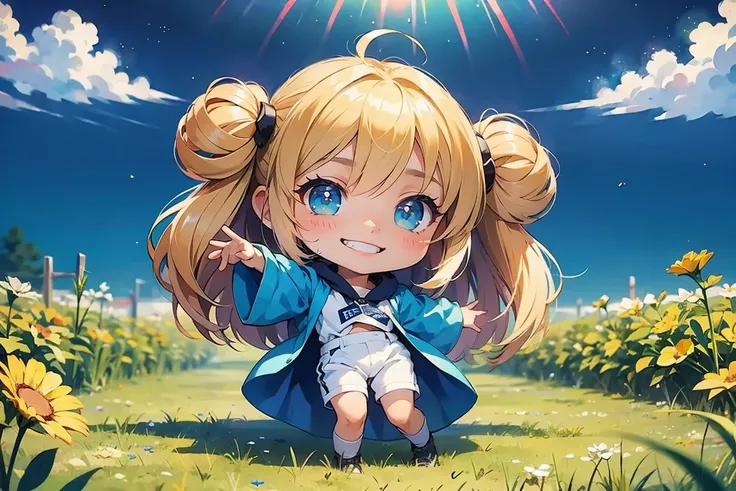 masterpiece, beautiful, exquisite, 8K, wonderland, female , animal photo, cheerful grin, dancing, looking at viewer, bun hair, blue eyes, big eyes, chibi, long-sleeved t-shirt, shorts, gradient green background, in the grassland, with a sun, with a rainbow...