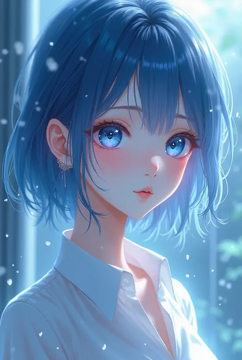  blue eyes、Some blue hair, white shirt、rain、 transparent、Anime Style、 beautiful girls


