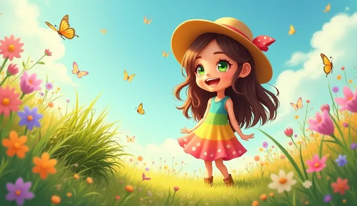 

Image Prompt:"Illustration of a cheerful girl with long, wavy brown hair and large, curious green eyes, standing in a sunny meadow filled with bright flowers. She wears a colorful dress and a sunhat, looking excited as she gazes towards a bush where a ru...