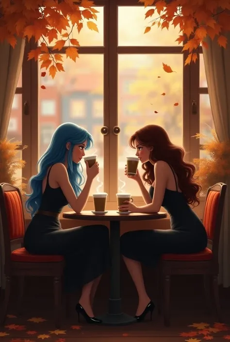 Two women, one has blue long hair the second has long brown hair, they are at an autumn atmospheric coffee shop having a pumpkin spiced latte realistic 