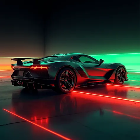 A retro sports car with a sleek design viewed from the rear left side at an angle, with neon red light trails extending from the taillights. The background has a dark, minimalist setting with hints of reflective pavement. The car features smooth, aerodynam...