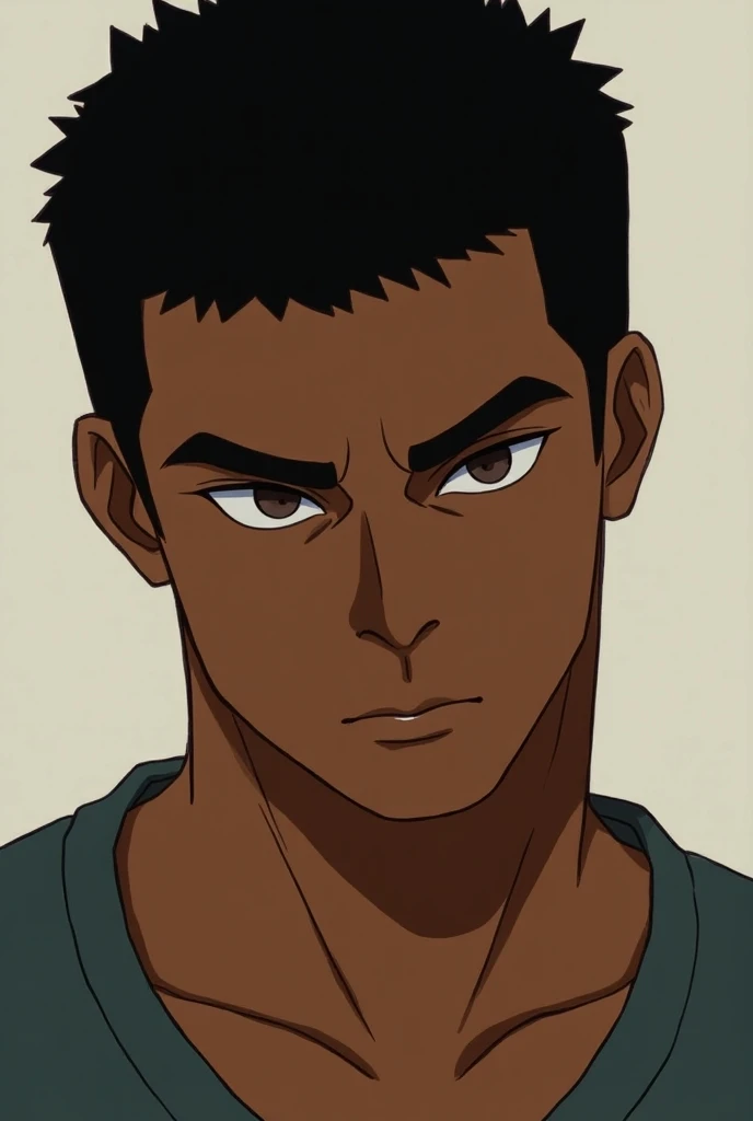 Um Homen de Lepe Negra 
, brown eye color,  short black hair ,  has thick black eyebrows , Looking forward in the Anima style 
