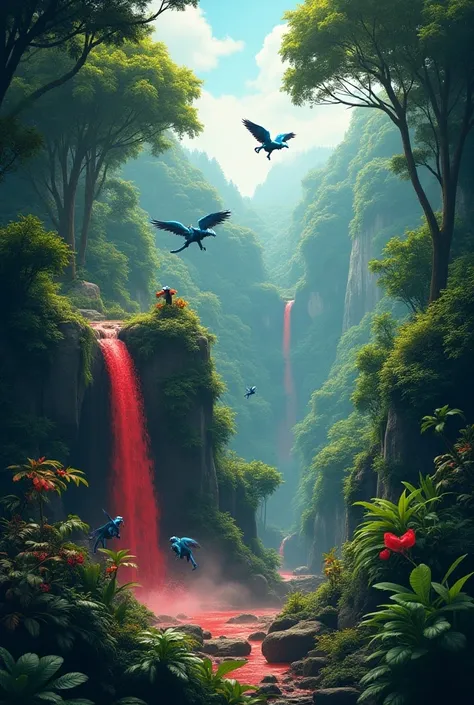  A jungle with many trees with a red waterfall, some blue monkeys and dogs with wings 